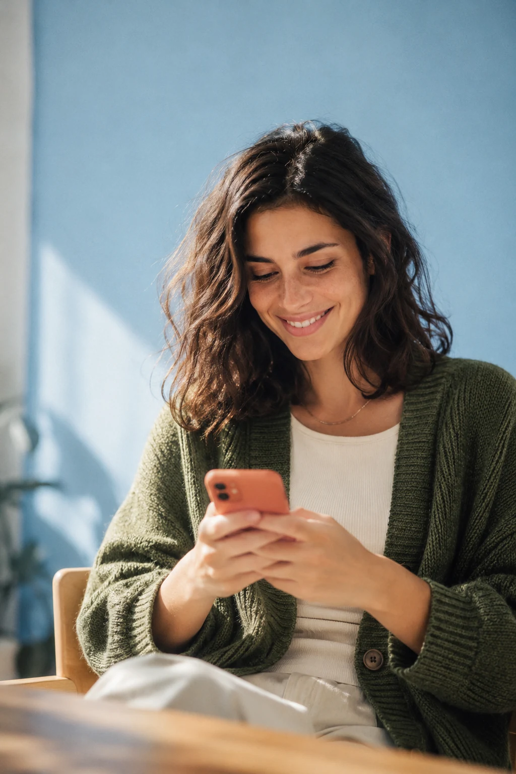 Eine Frau blickt entspannt auf ihr Smartphone